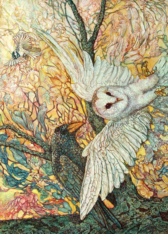 The Playground Owl and Raven – Art Card - Col Mitchell ~ Wild Blackbird