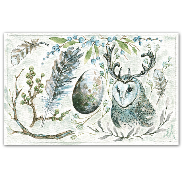 Moon Antler Owl - Watercolour